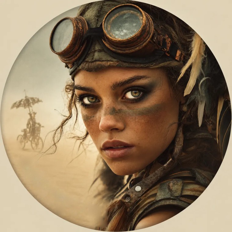 Burner in goggles and dust on the playa — the badge BurnerPeople.com was imagined with